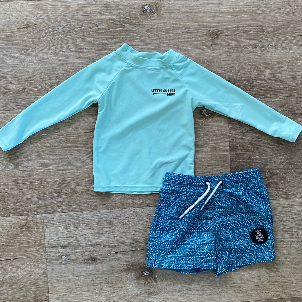 Little Surfer Dude: Rash Guard (Size 12-18M) Swim Trucks (Size 18-24M)